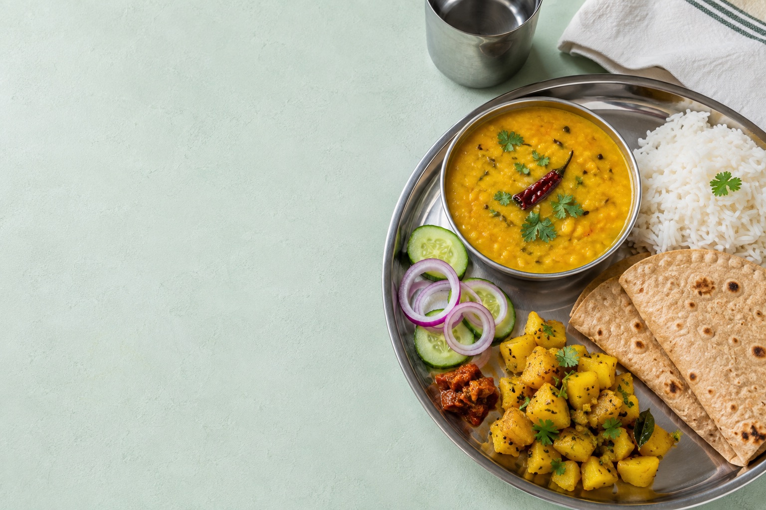 A fresh vegetarian thali with dal, rice, roti, sabzi and salad